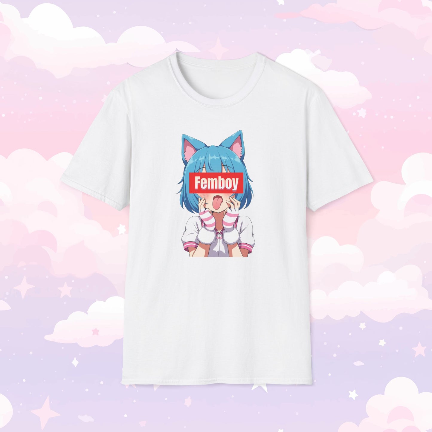 Shirt featuring a kawaii character with cat ears sticking their tongue out, with the word 'Femboy' written over their face in bold, stylish text.