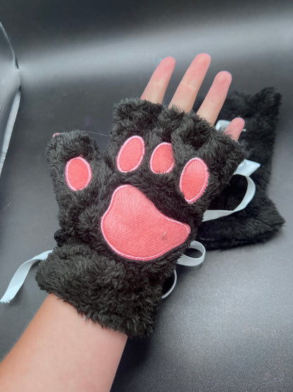 black fingerless paw gloves with pink paw pads