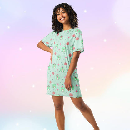 Nightgown T-shirt dress featuring kawaii frogs with watermelons, lotus flowers, and leaves, creating a cute and whimsical design perfect for cozy nights.