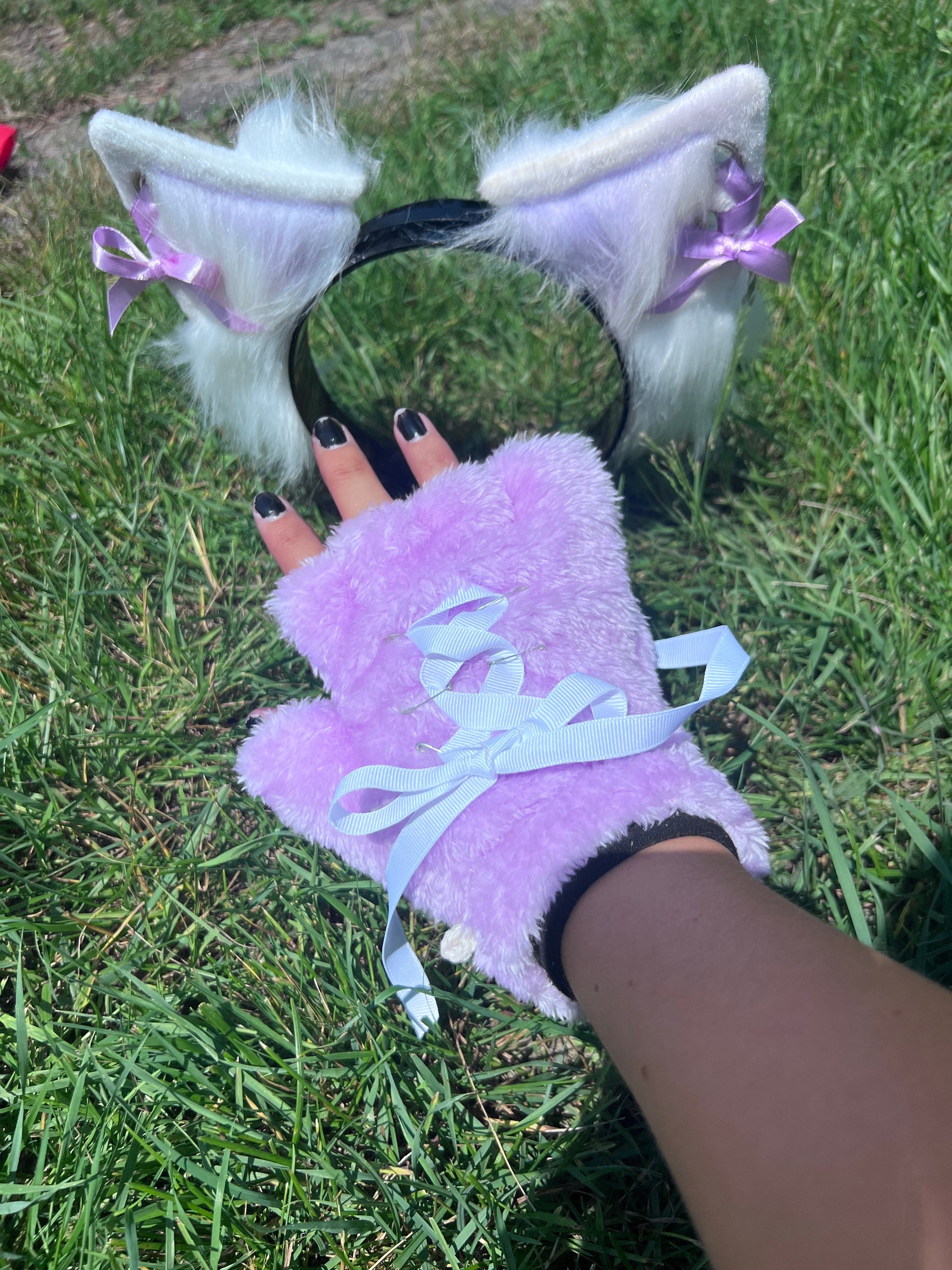lavender pet play paws with white corset ribbon and matching white kitten ears and lavender corset ribbon