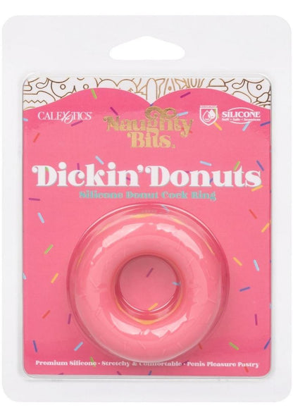Pink 'Dickin' Donuts' product packaging with sprinkles on a white background