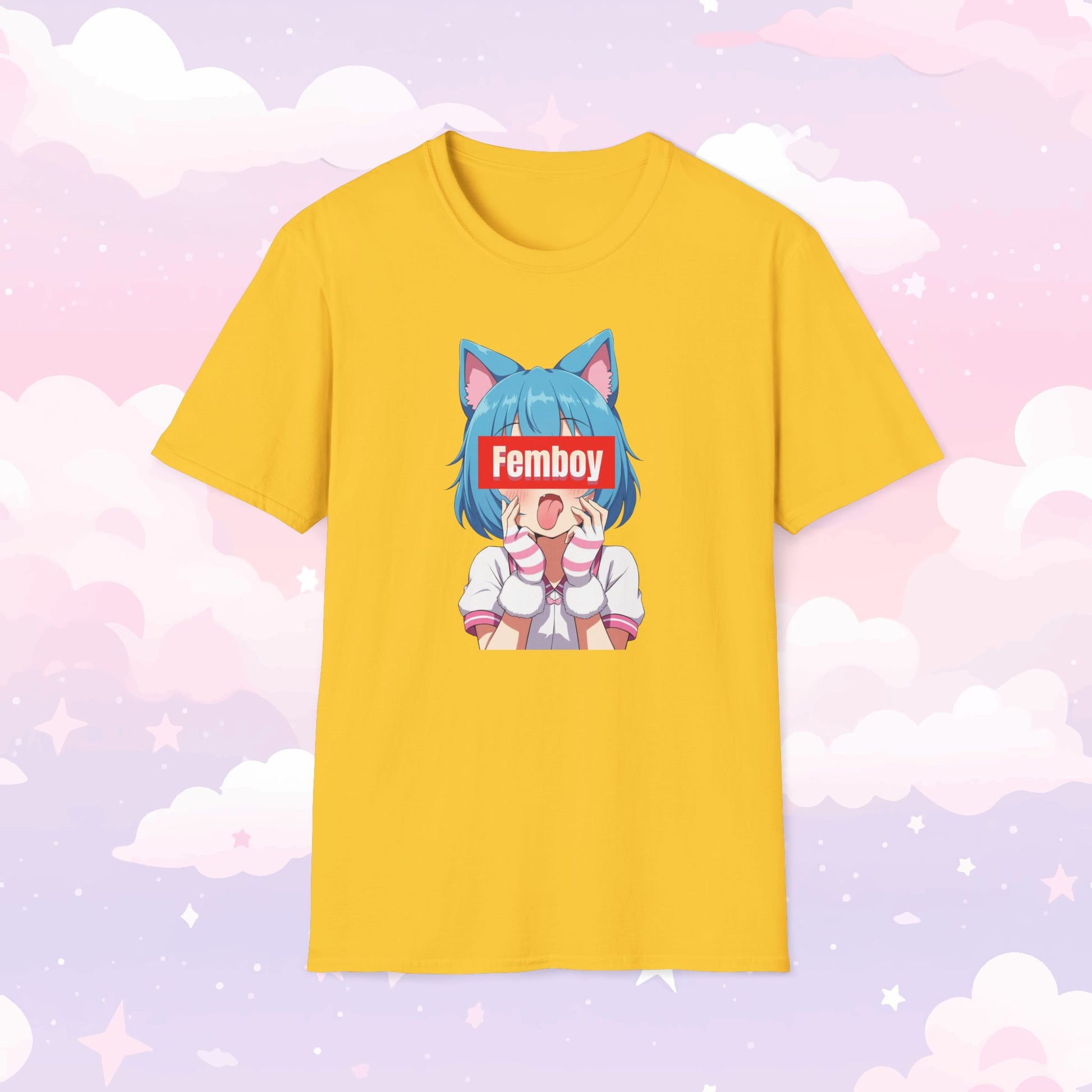 Shirt featuring a kawaii character with cat ears sticking their tongue out, with the word 'Femboy' written over their face in bold, stylish text.