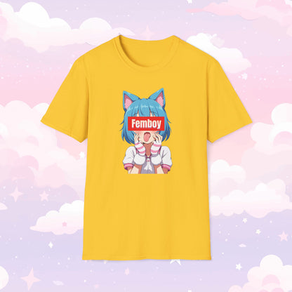 Shirt featuring a kawaii character with cat ears sticking their tongue out, with the word 'Femboy' written over their face in bold, stylish text.