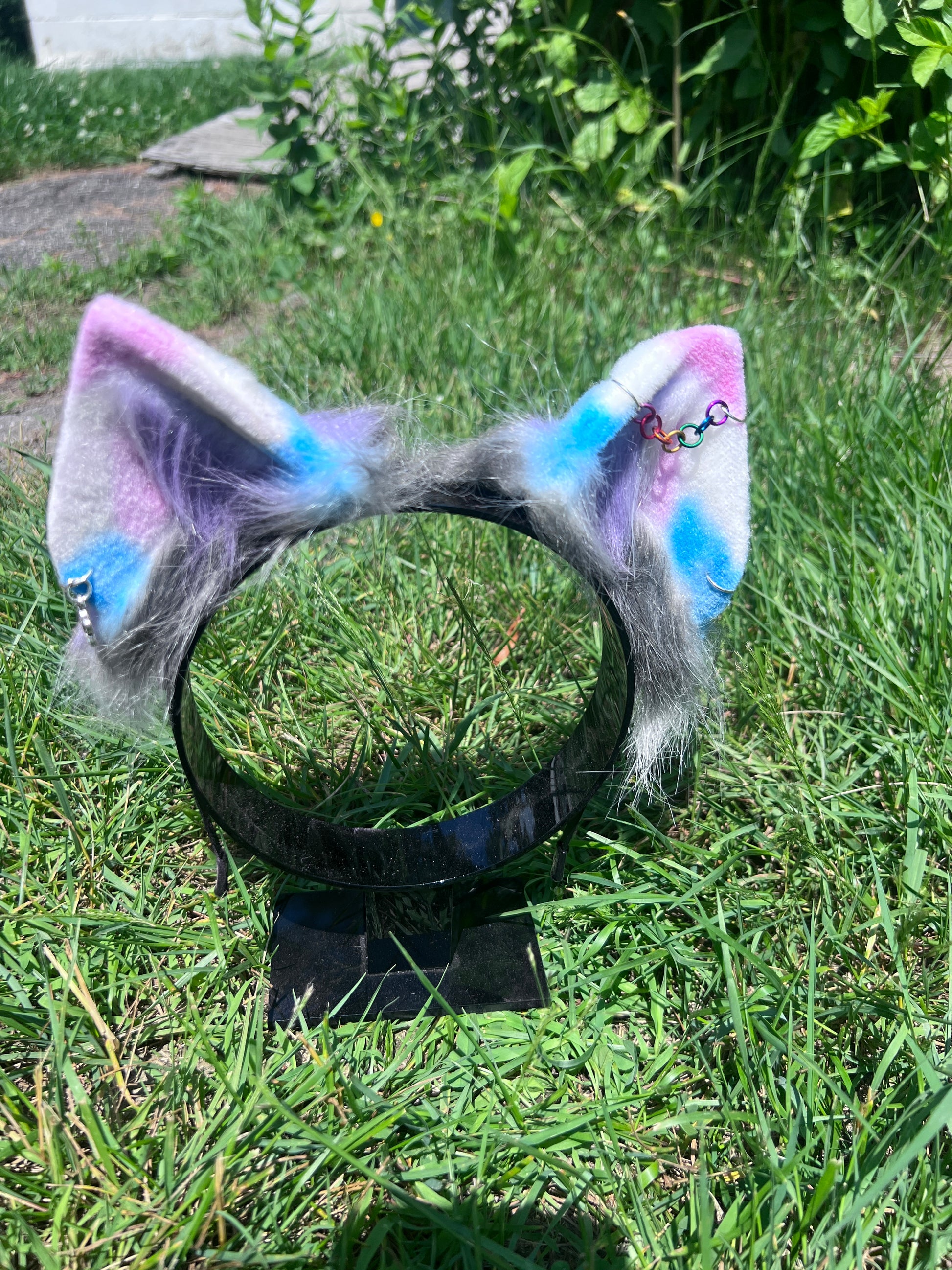 Pet play ears in black, pink, white, purple and blue with rainbow chain piercing