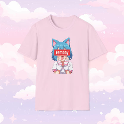 Shirt featuring a kawaii character with cat ears sticking their tongue out, with the word 'Femboy' written over their face in bold, stylish text.