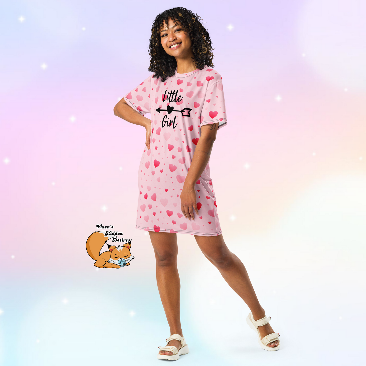 A pink adult nightgown covered in red hearts, featuring the text "Little Girl" in elegant lettering, creating a sweet and playful bedtime look.