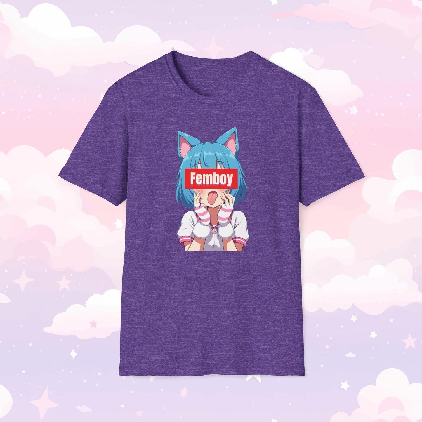 Shirt featuring a kawaii character with cat ears sticking their tongue out, with the word 'Femboy' written over their face in bold, stylish text.