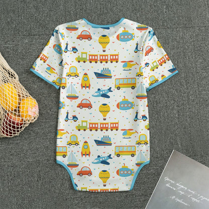 ABDL onesie with transportation-themed print with blue trim