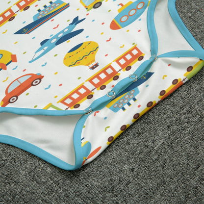 Colorful adult baby bodysuit with vehicle patterns with metal snaps and blue trim