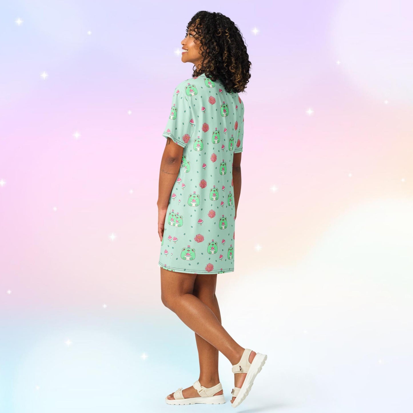 Nightgown T-shirt dress featuring kawaii frogs with watermelons, lotus flowers, and leaves, creating a cute and whimsical design perfect for cozy nights.