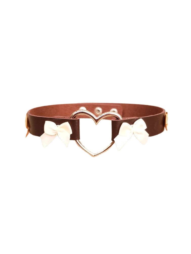 Heart and Bows Choker, Cosplay Adjustable Luxury Leather Heart Collar | Vixen's Hidden Desires