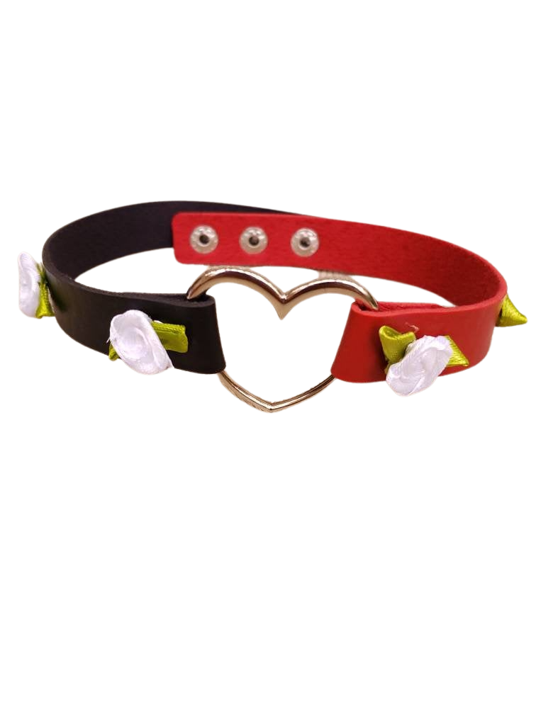 Heart and Roses Choker, Cosplay Adjustable Luxury Leather Heart Collar | Vixen's Hidden Desires