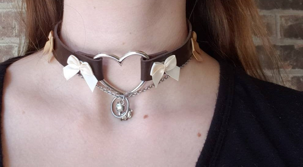 Heart and Bows Choker, Cosplay Adjustable Luxury Leather Heart Collar | Vixen's Hidden Desires
