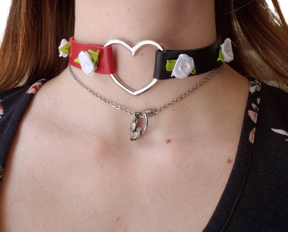 Heart and Roses Choker, Cosplay Adjustable Luxury Leather Heart Collar | Vixen's Hidden Desires