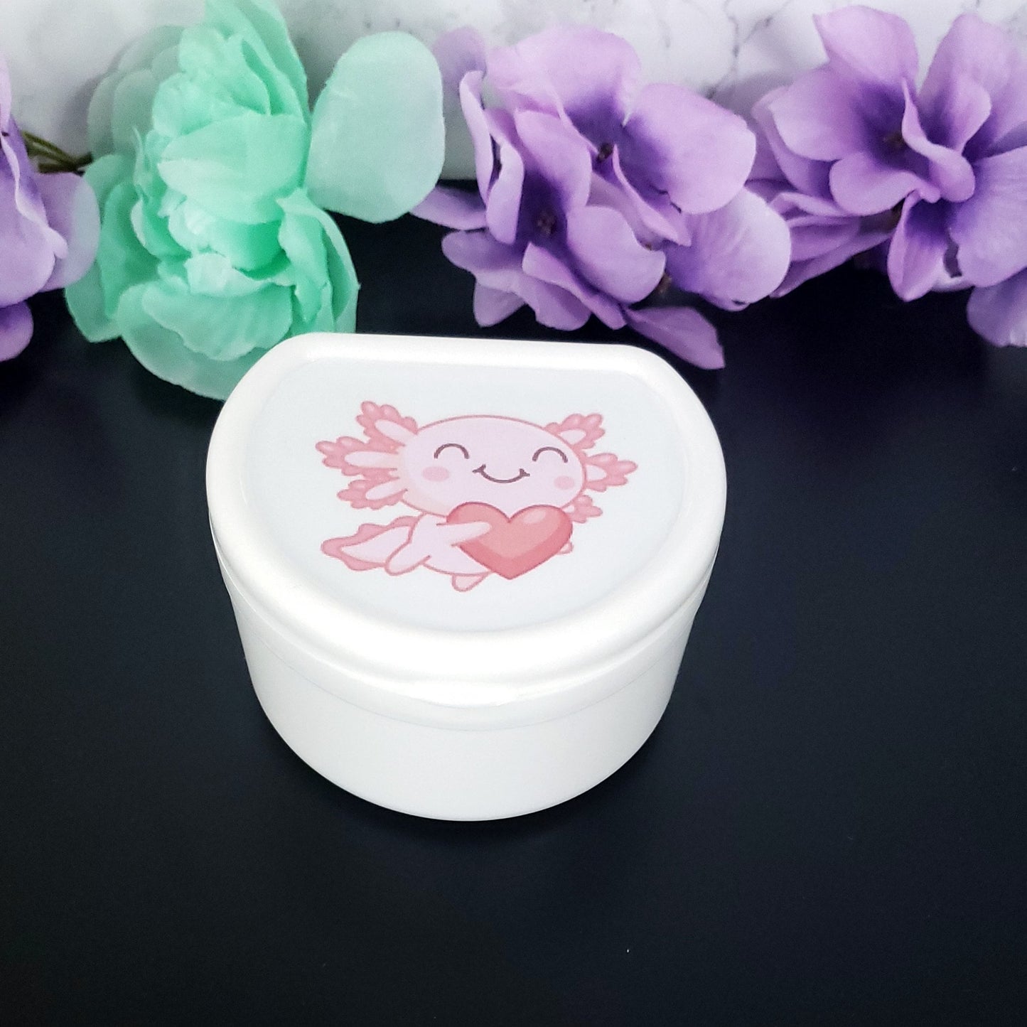 white adult pacifier case with kawaii pink axolotl holding a heart