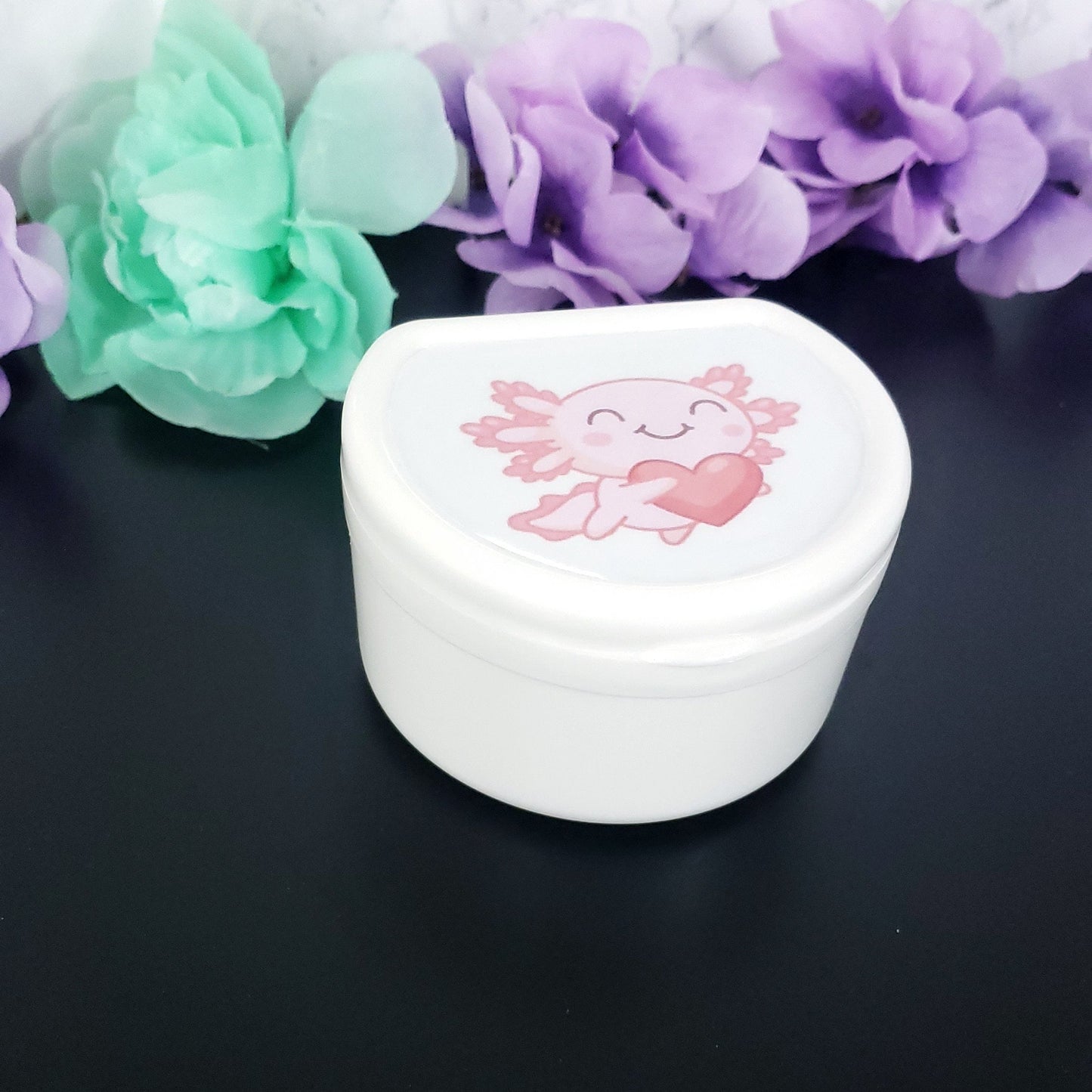 white adult pacifier case with kawaii pink axolotl holding a heart