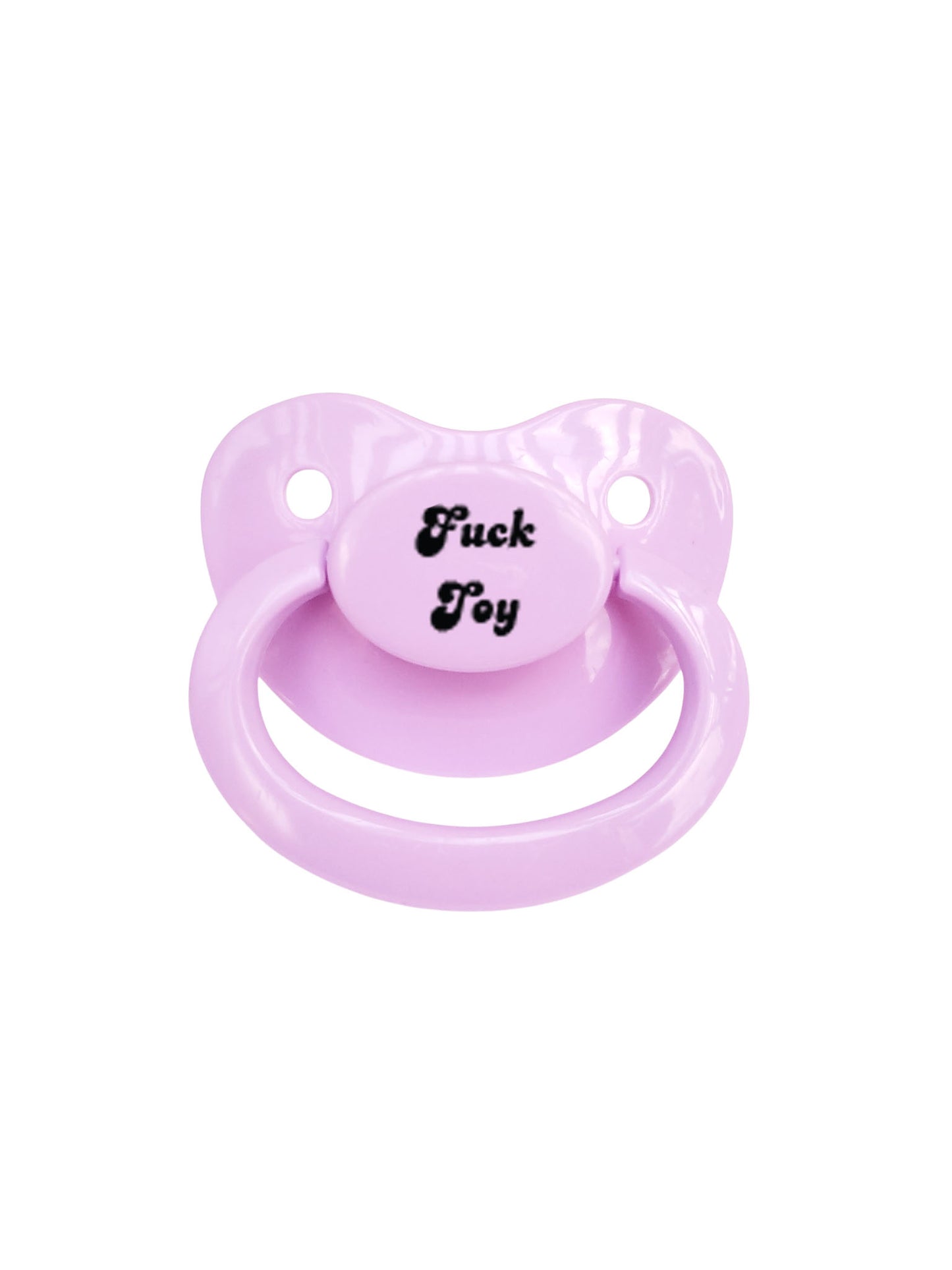 A purple adult pacifier with elegant black text in the center that reads "Fuck Toy," featuring a soft and playful design.