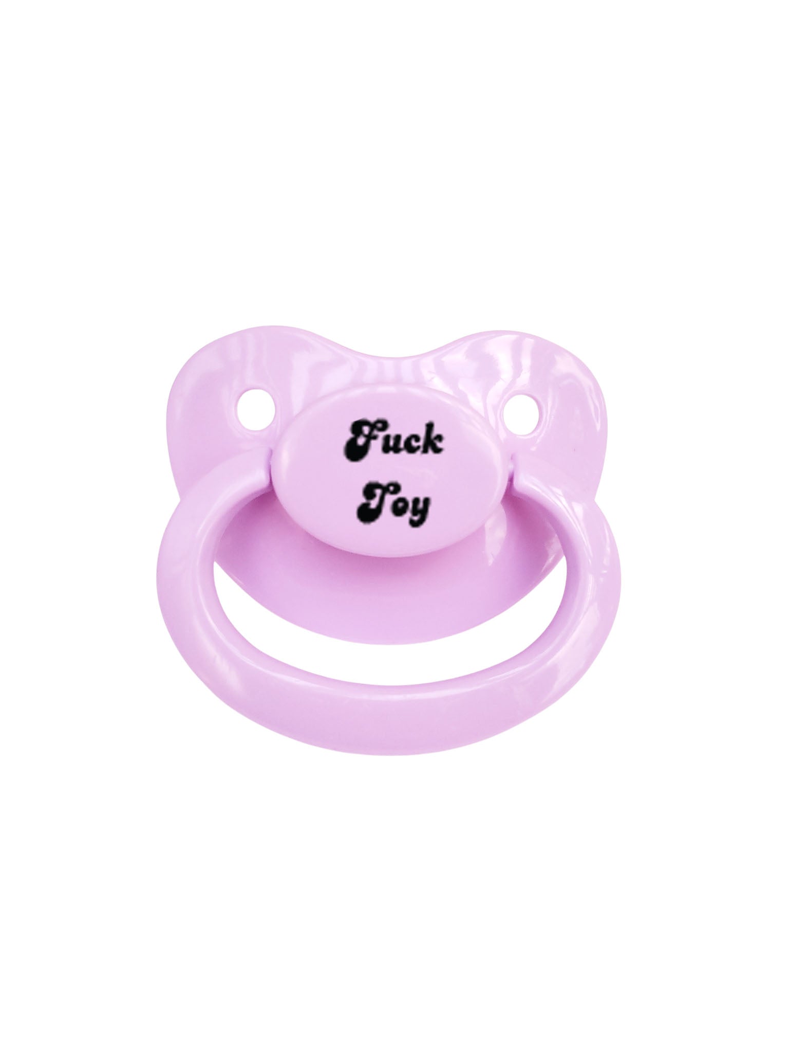 A purple adult pacifier with elegant black text in the center that reads "Fuck Toy," featuring a soft and playful design.