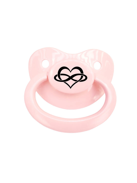 Baby pink adult pacifier with the polyamorous symbol on the botton