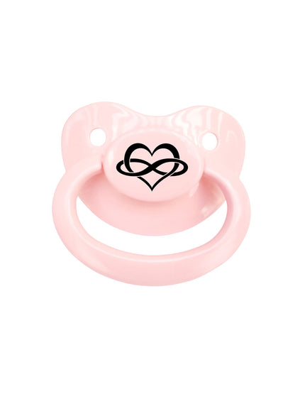 Baby pink adult pacifier with the polyamorous symbol on the button, adding a touch of love and joy.