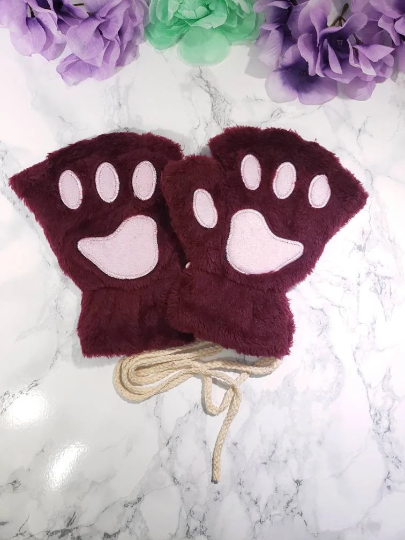 Maroon Pet Play Fingerless Gloves