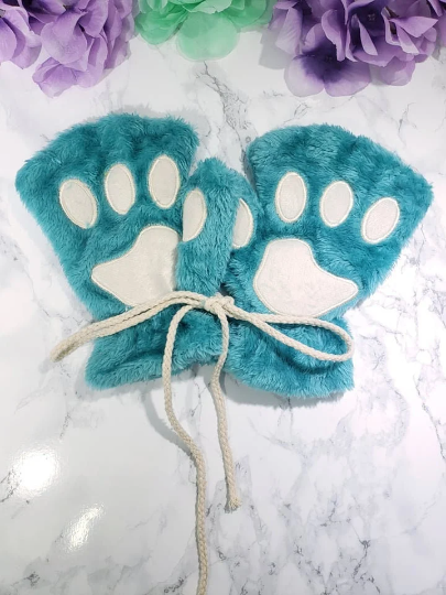 Teal Pet Play Fingerless Gloves