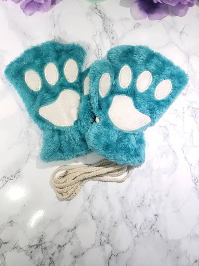 Teal Pet Play Fingerless Gloves