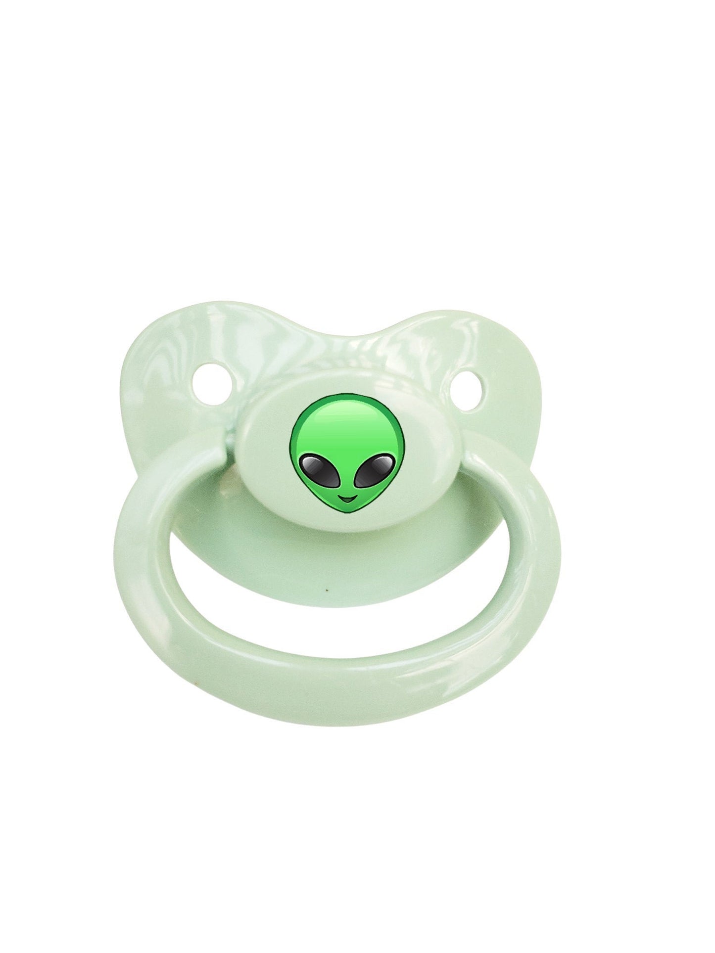 Green alien-themed adult pacifier featuring a cute alien face design and a matching silicone nipple for comfort and style.