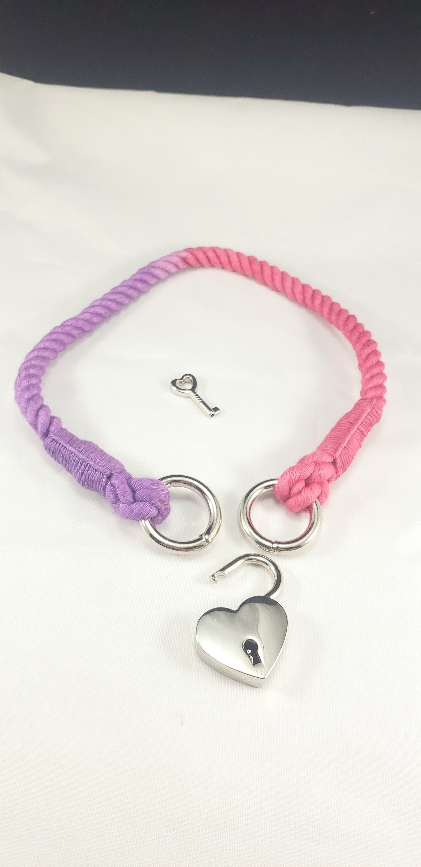 Purple and Red Pet Play Rope Heart Locking Collar - Submissive Cotton Collar | Novelty Collar Accessory for Roleplay