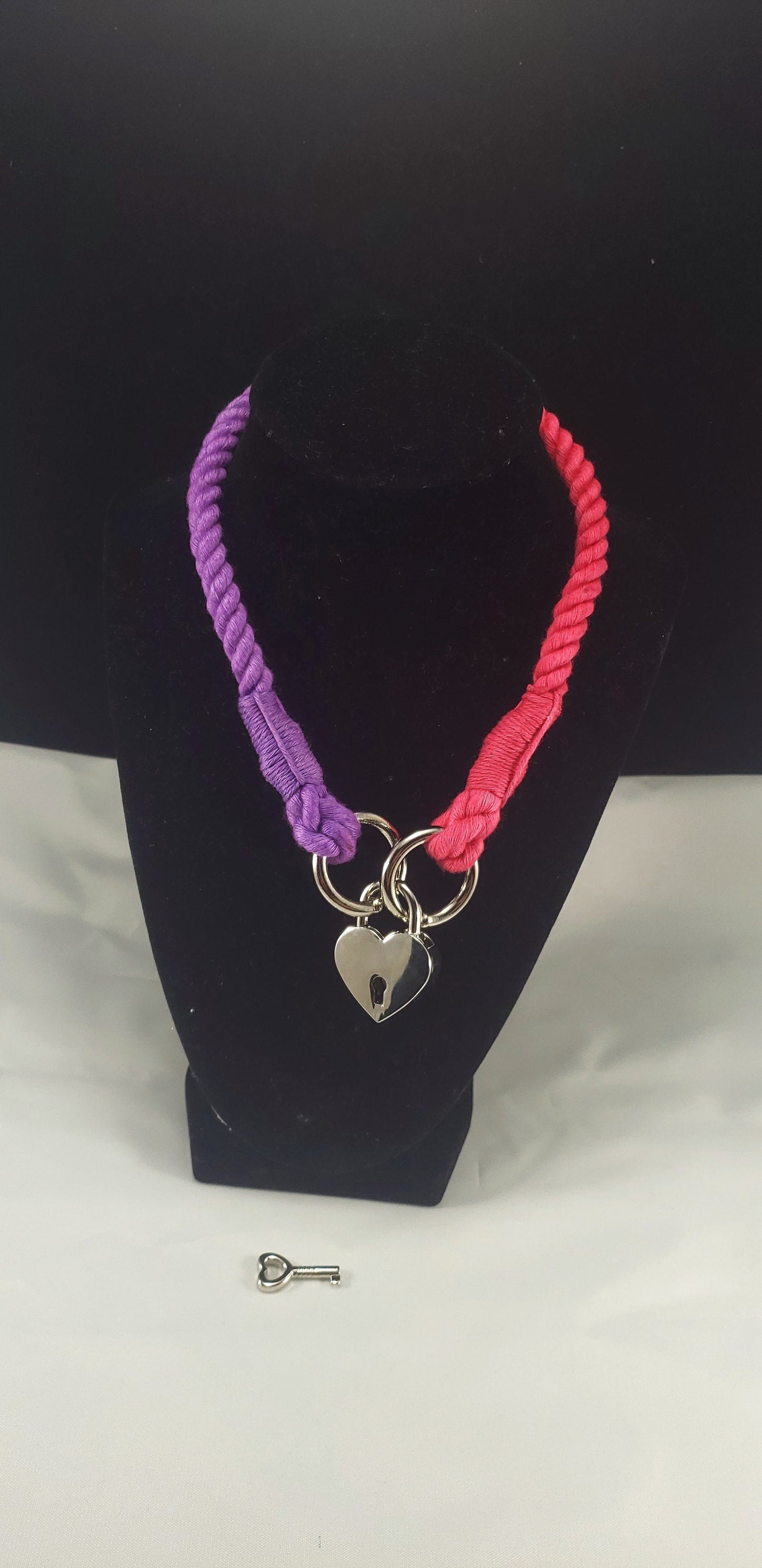 Purple and Red Pet Play Rope Heart Locking Collar - Submissive Cotton Collar | Novelty Collar Accessory for Roleplay