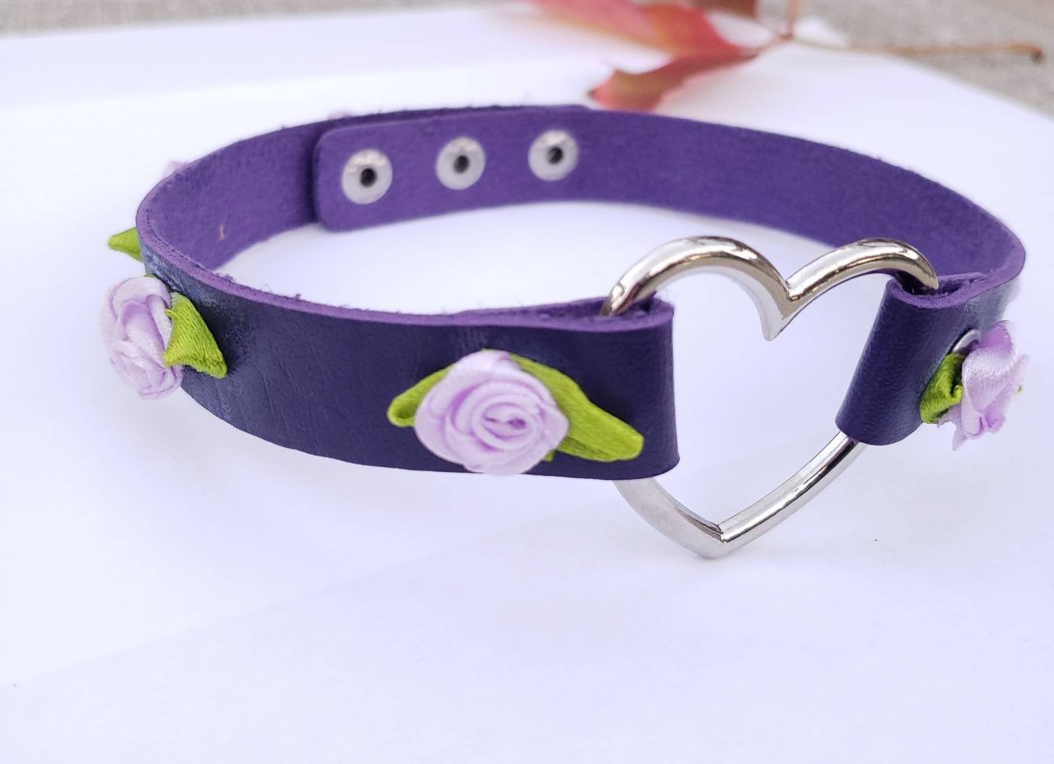 Purple Heart and Roses Choker, Adjustable Leather Heart Collar | Vixen's Hidden Desires