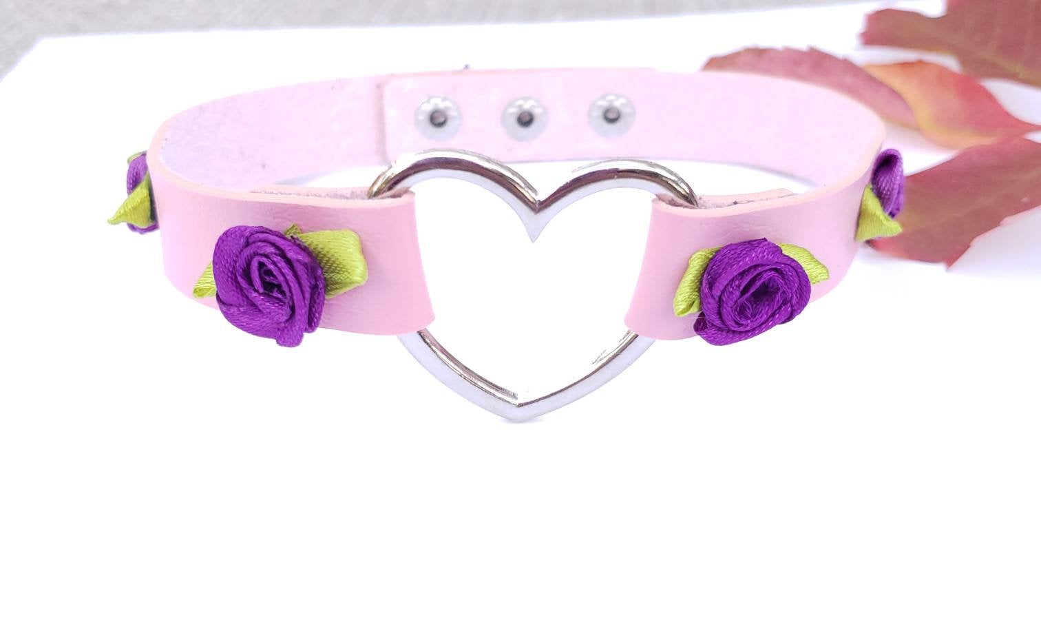 Pink Heart and Roses Choker, Adjustable Faux Leather Heart Collar | Vixen's Hidden Desires