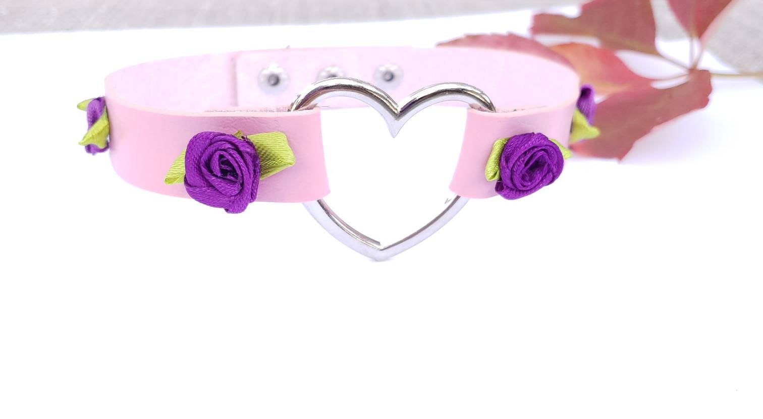 Pink Heart and Roses Choker, Adjustable Faux Leather Heart Collar | Vixen's Hidden Desires