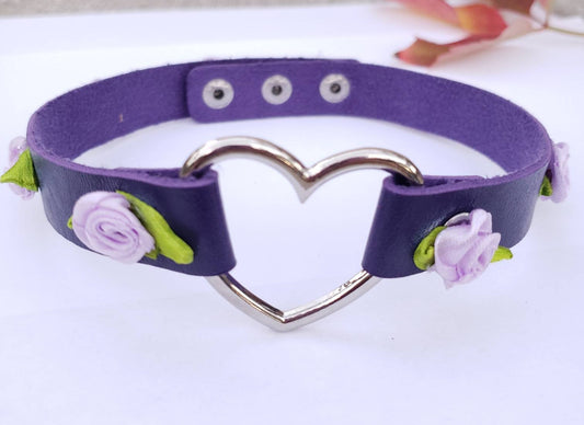 Purple Heart and Roses Choker, Adjustable Leather Heart Collar | Vixen's Hidden Desires