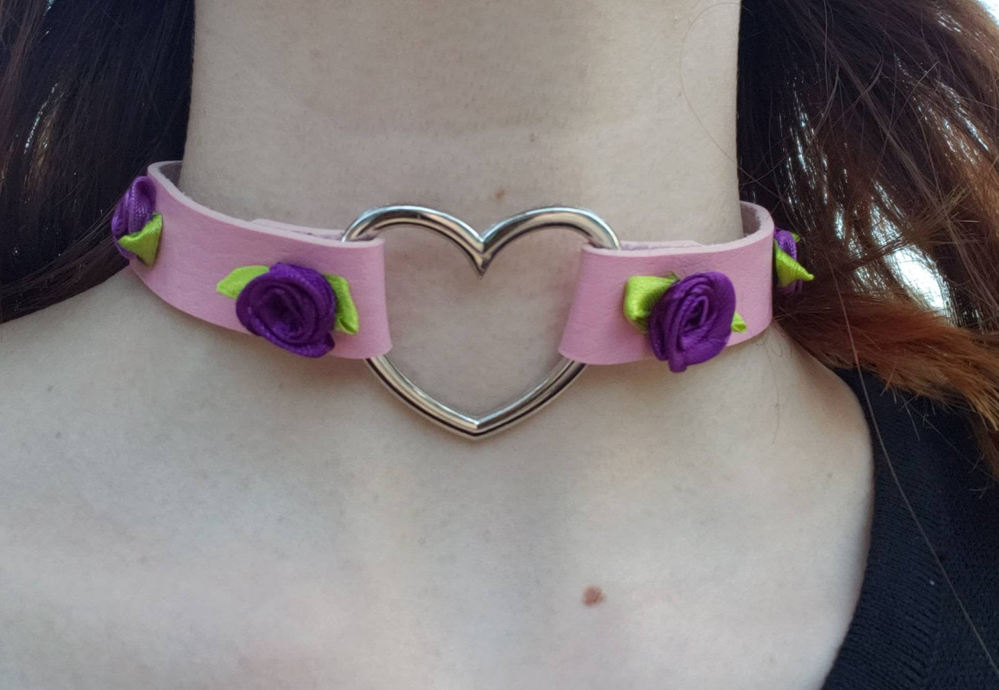 Pink Heart and Roses Choker, Adjustable Faux Leather Heart Collar | Vixen's Hidden Desires