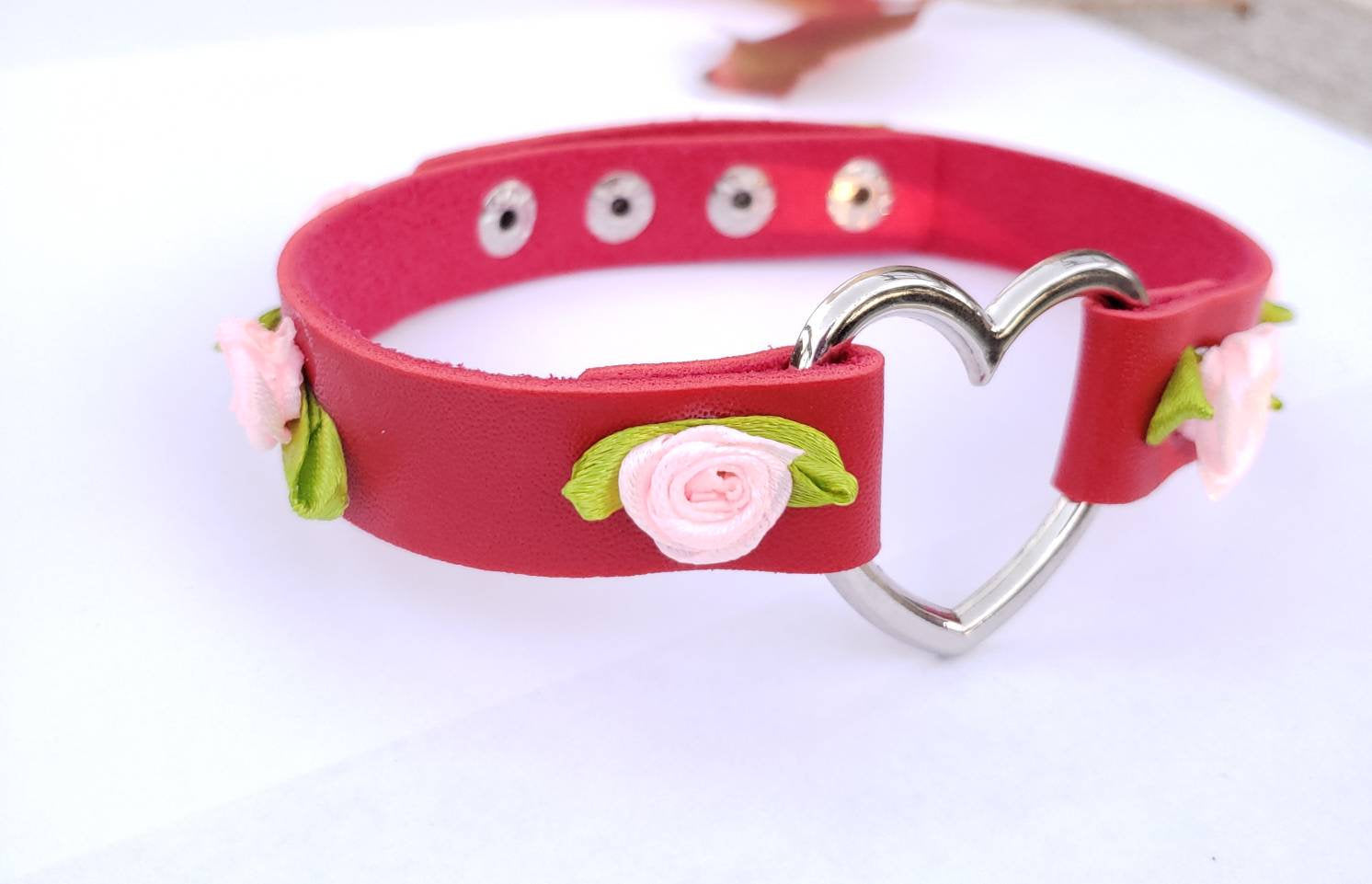 Red Heart and Roses Choker, Adjustable Faux Leather Heart Collar | Vixen's Hidden Desires