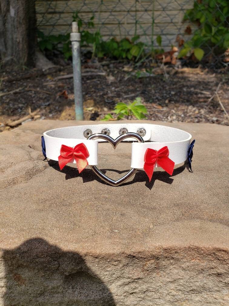 Red, White, and Blue Heart Choker with Bows, Adjustable Faux Leather Cat Collar | Vixen's Hidden Desires