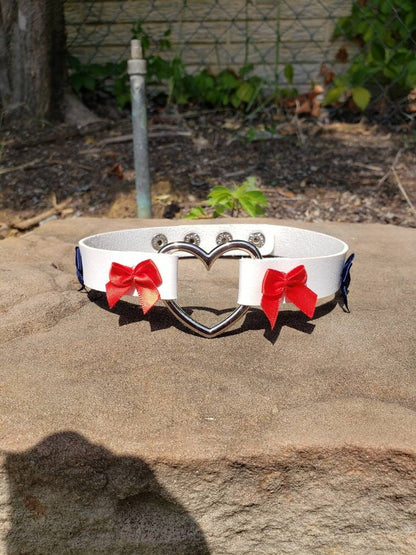 Red, White, and Blue Heart Choker with Bows, Adjustable Faux Leather Cat Collar