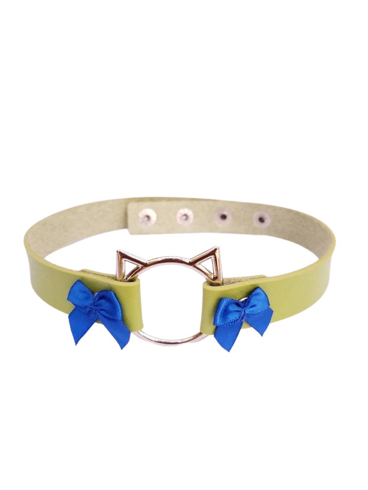 Green Cat Choker with Bows, Adjustable Faux Leather Cat Collar