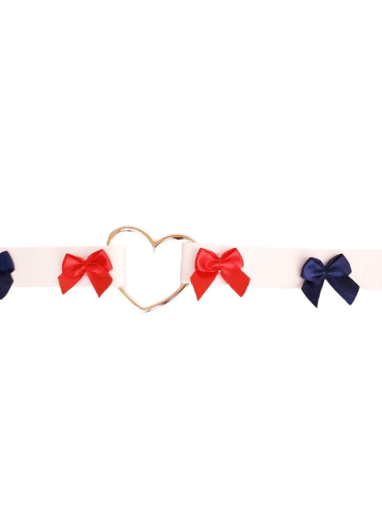 Red, White, and Blue Heart Choker with Bows, Adjustable Faux Leather Cat Collar | Vixen's Hidden Desires