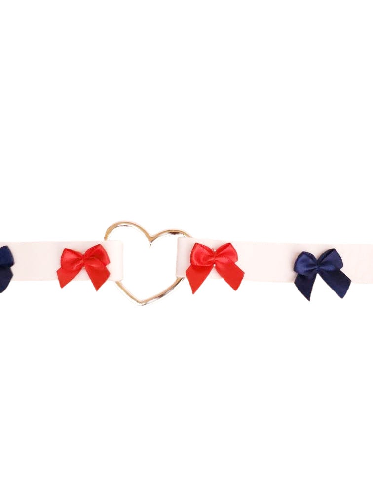 Red, White, and Blue Heart Choker with Bows, Adjustable Faux Leather Cat Collar