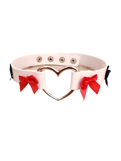 Red, White, and Blue Heart Choker with Bows, Adjustable Faux Leather Cat Collar