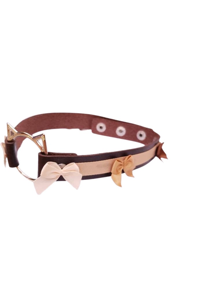 Brown Cat Choker with Bows, Adjustable Faux Leather Cat Collar | Vixen's Hidden Desires