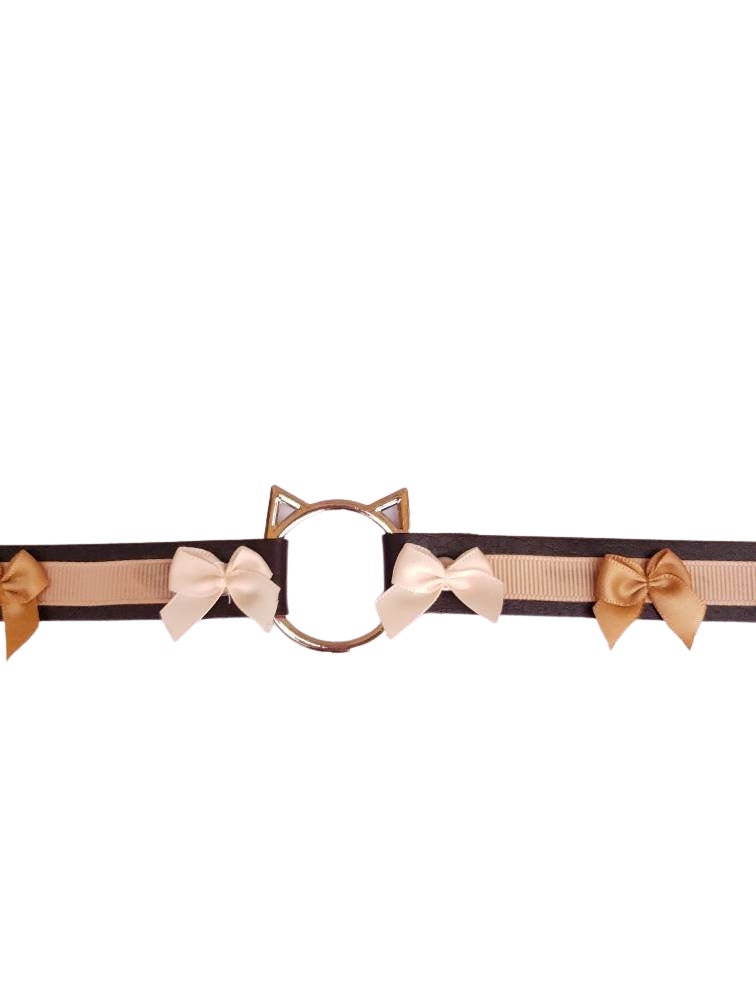 Brown Cat Choker with Bows, Adjustable Faux Leather Cat Collar | Vixen's Hidden Desires