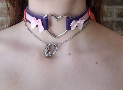 Purple Heart Choker with Bows, Adjustable Faux Leather Cat Collar