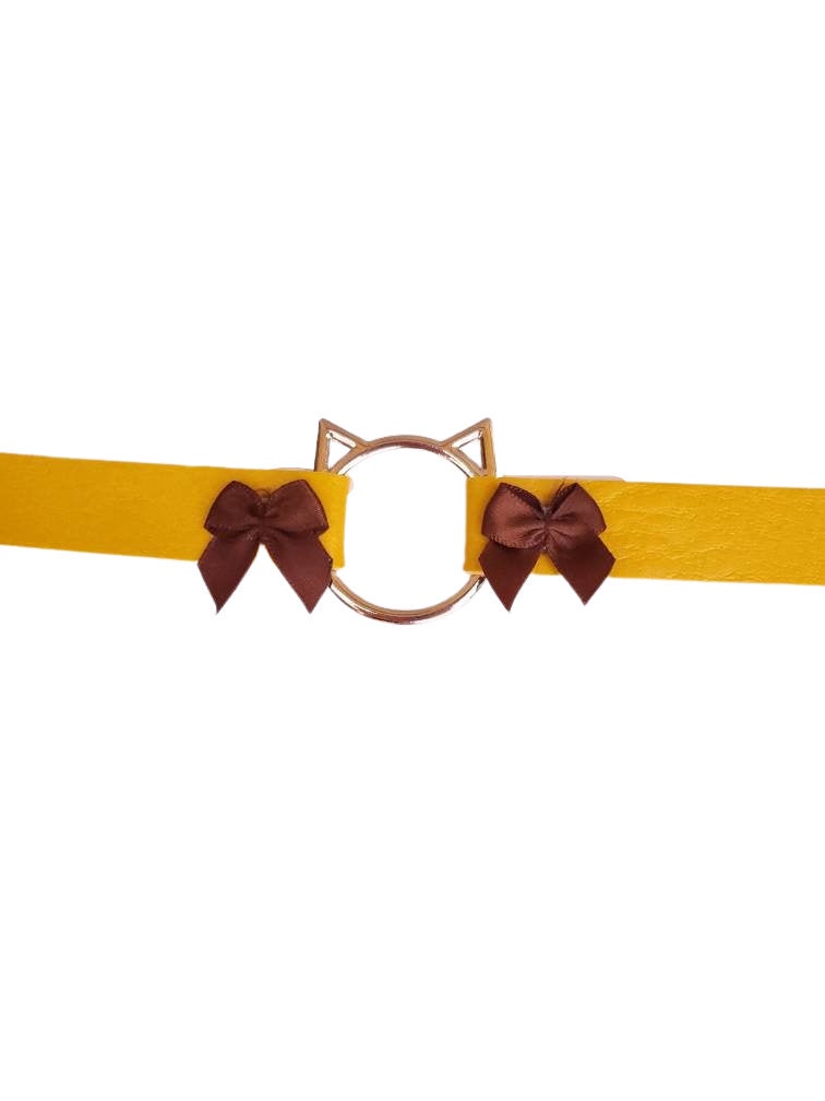 Yellow Cat Choker with Bows, Adjustable Faux Leather Cat Collar