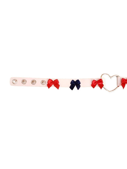 Red, White, and Blue Heart Choker with Bows, Adjustable Faux Leather Cat Collar