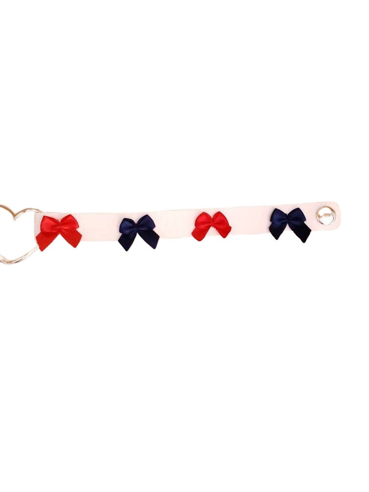 Red, White, and Blue Heart Choker with Bows, Adjustable Faux Leather Cat Collar | Vixen's Hidden Desires