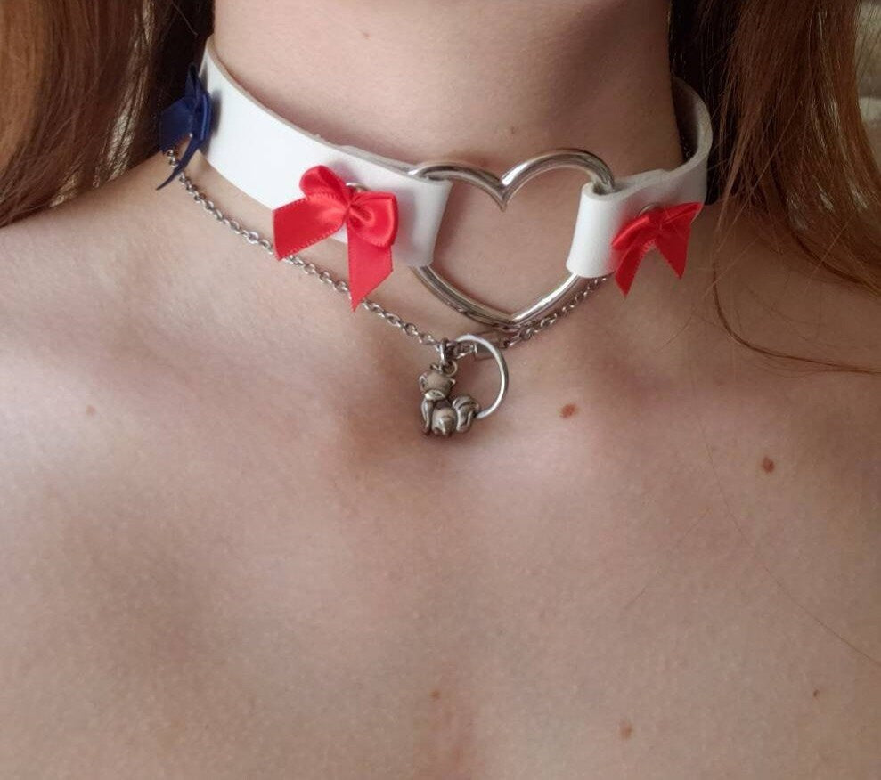 Red, White, and Blue Heart Choker with Bows, Adjustable Faux Leather Cat Collar | Vixen's Hidden Desires