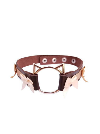 Brown Cat Choker with Bows, Adjustable Faux Leather Cat Collar | Vixen's Hidden Desires